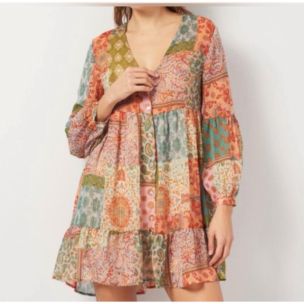 ZARA Wom M Multicolor Patchwork Boho Mini Dress Long Sleeve Cottagecore Festival